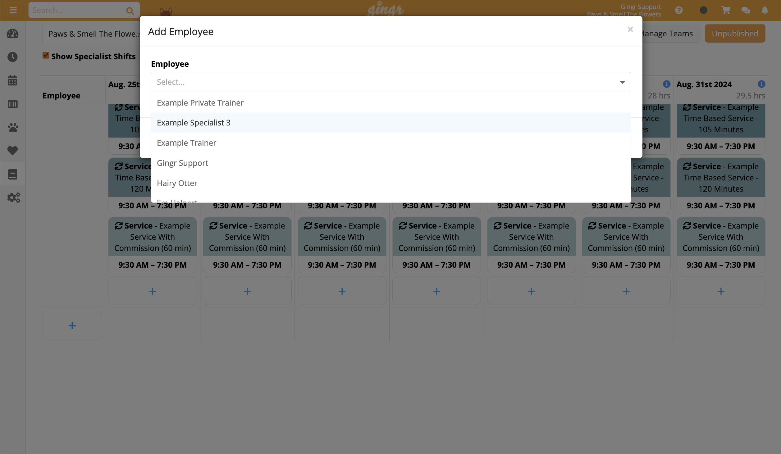 Add Employee dropdown menu on scheduling app