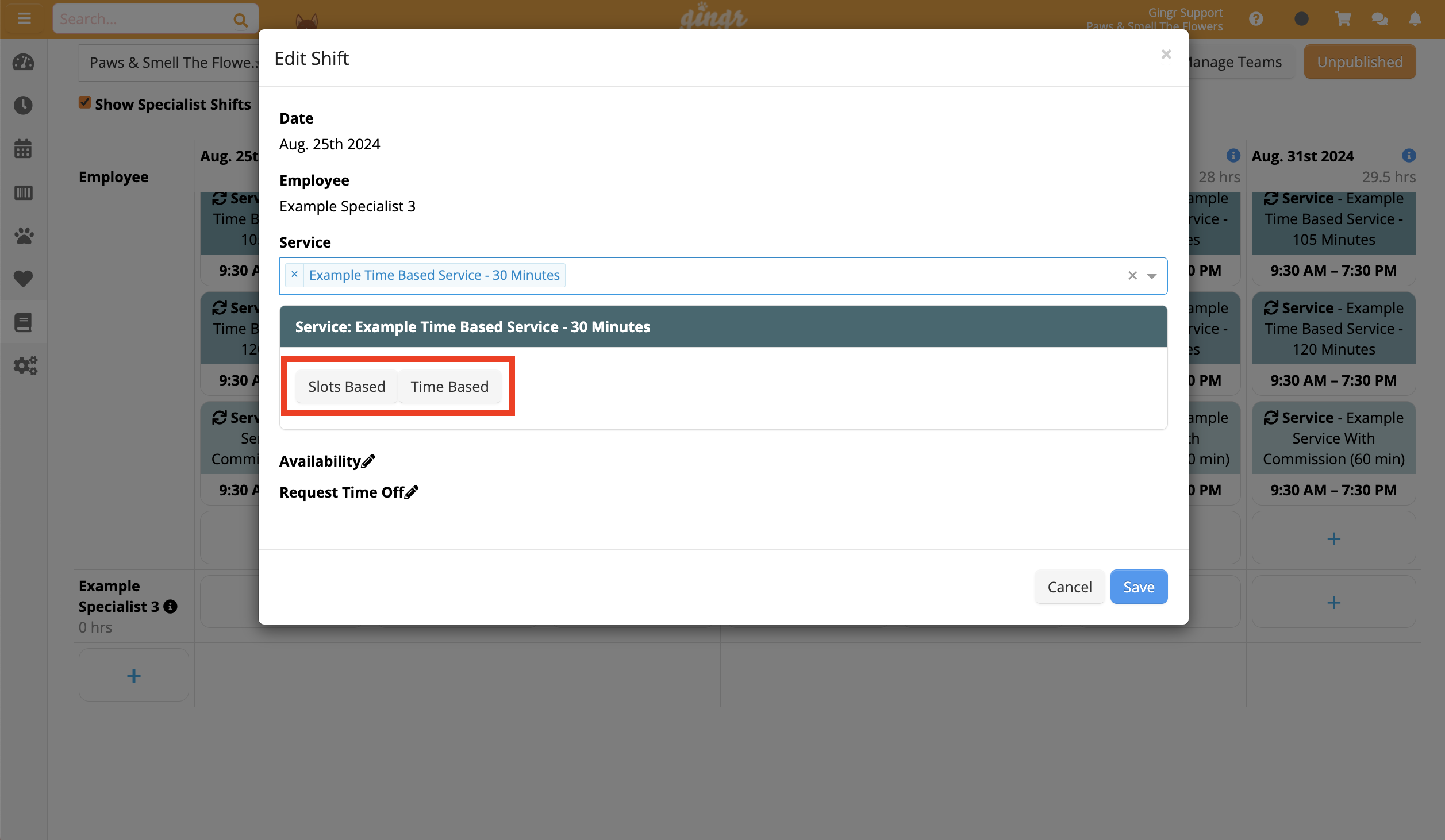 Edit Shift window with service options.