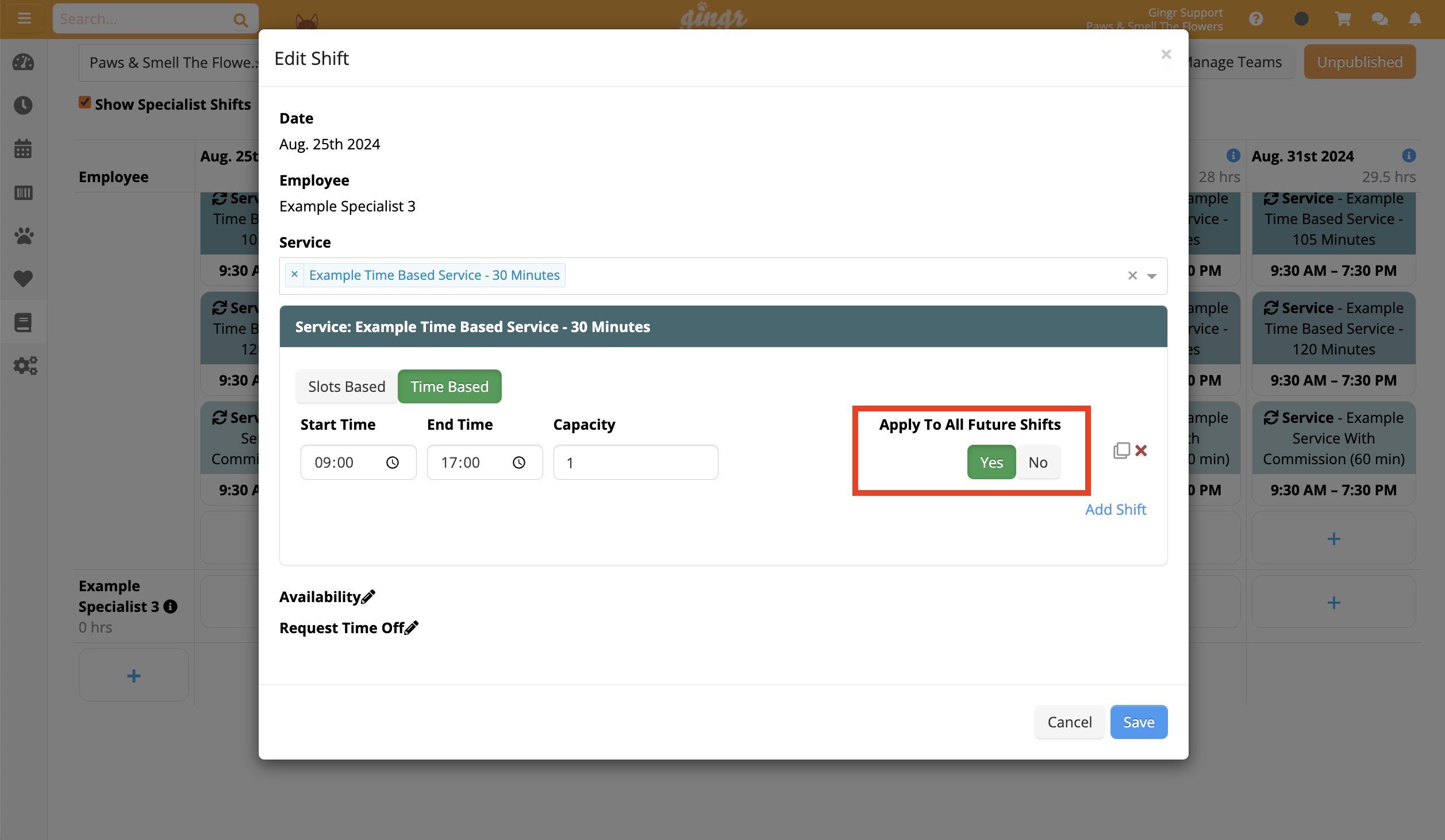 Edit Shift" window with time settings.