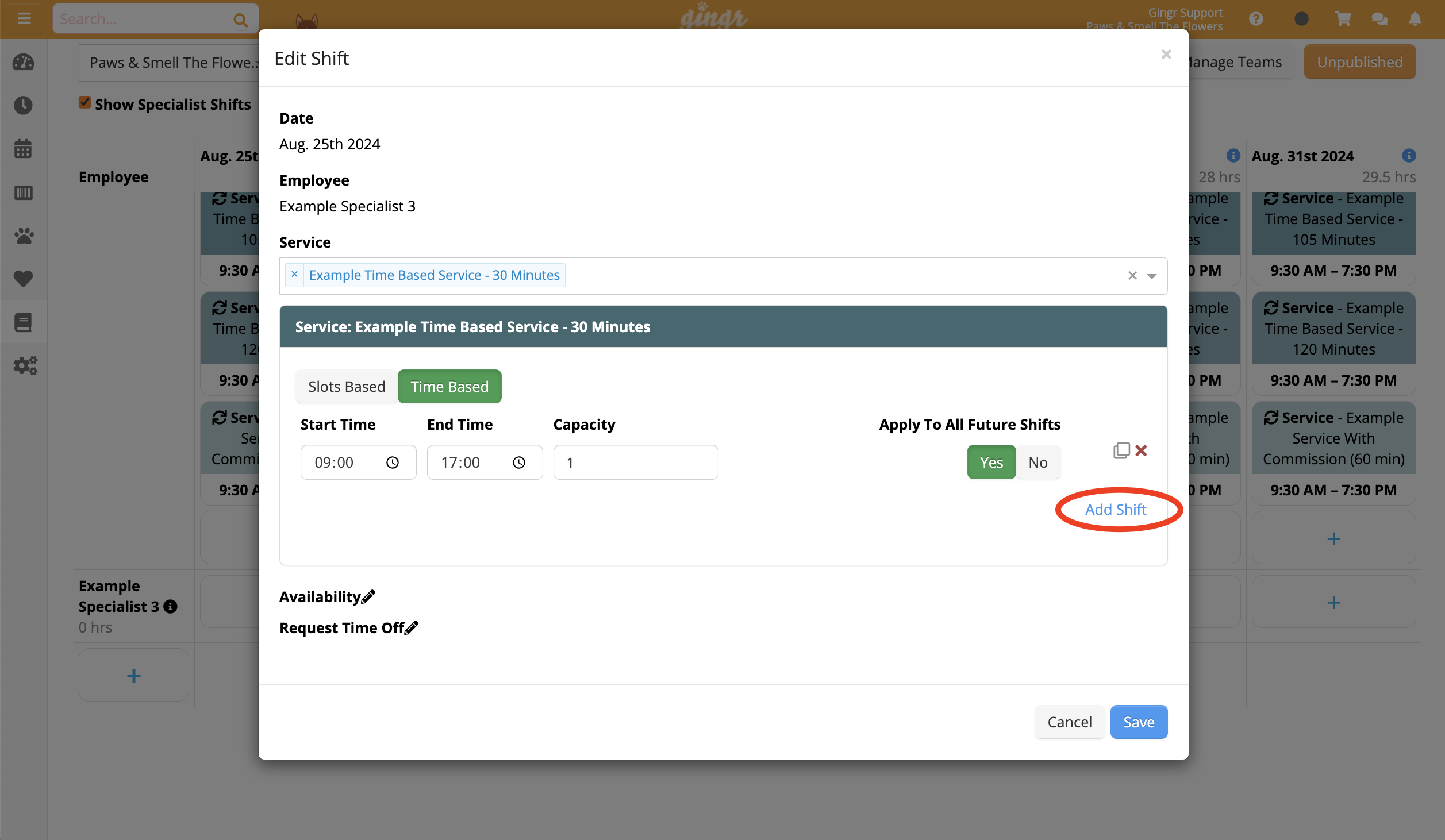Edit Shift window with time settings.