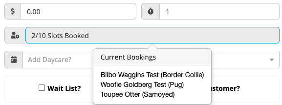 Booking slots and current bookings list.