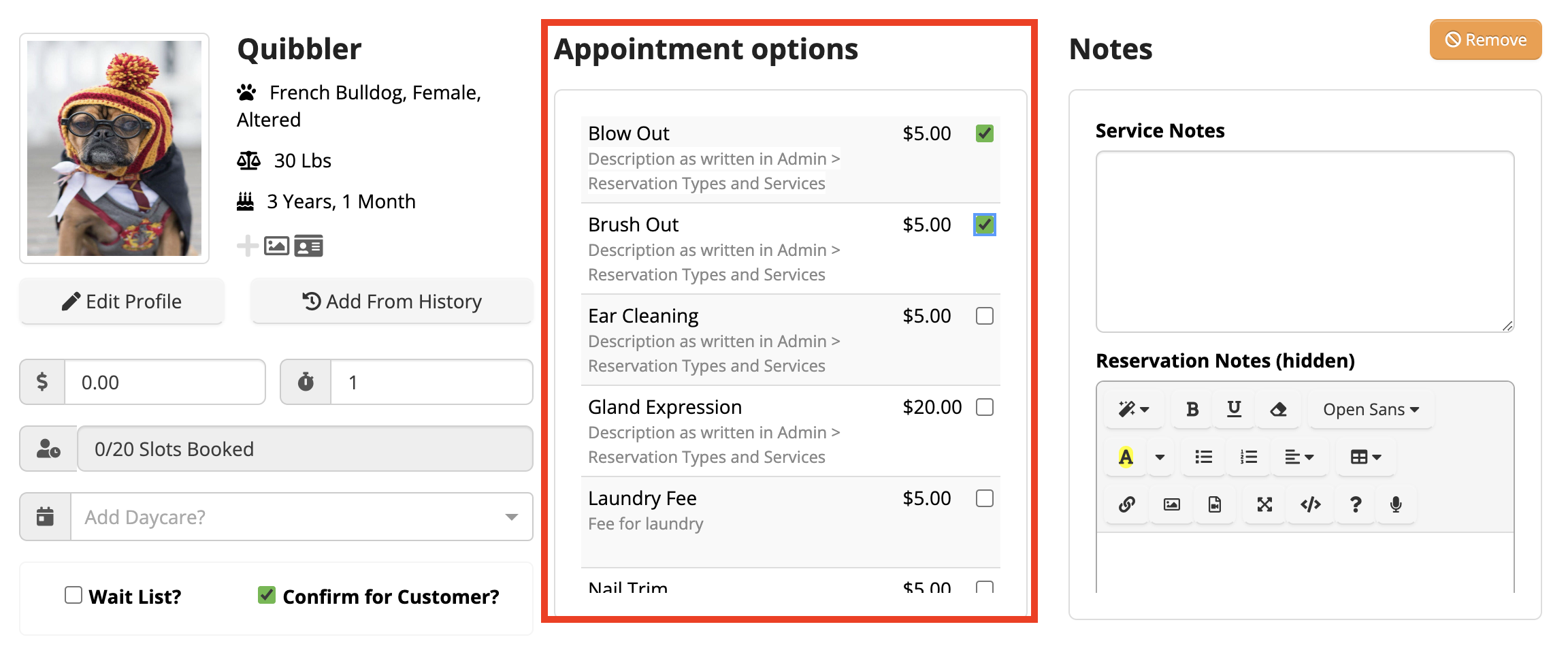 Dog grooming appointment options list.