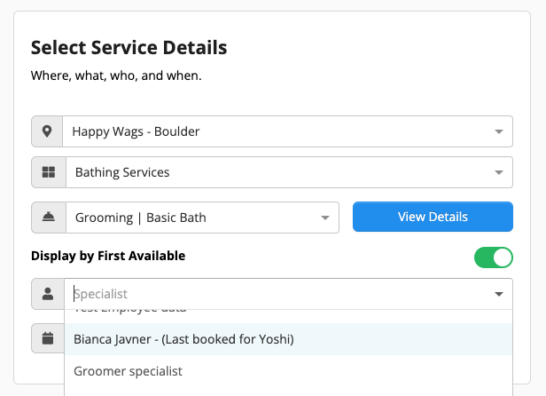 Service selection interface with dropdowns.