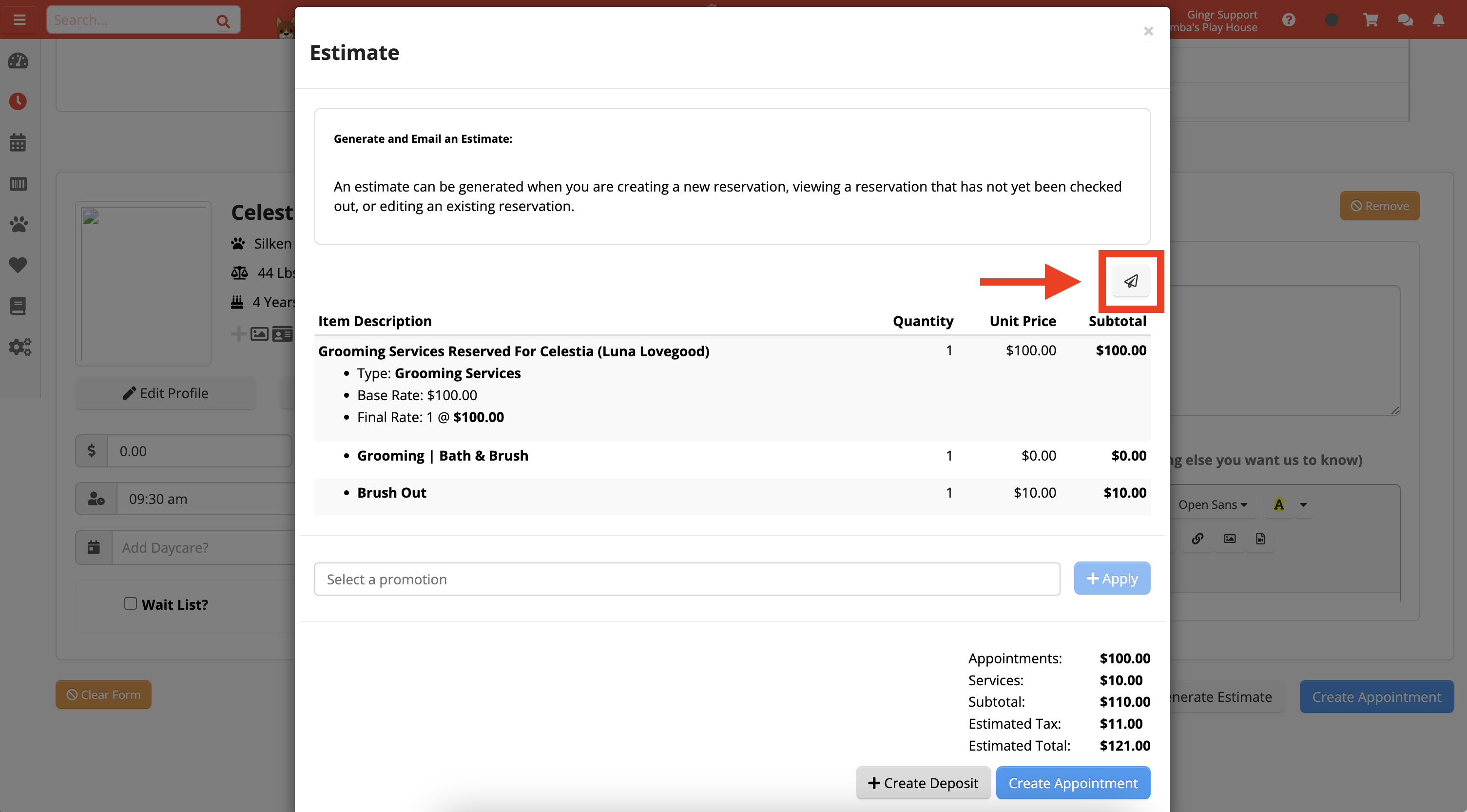 Estimate for grooming services displayed.