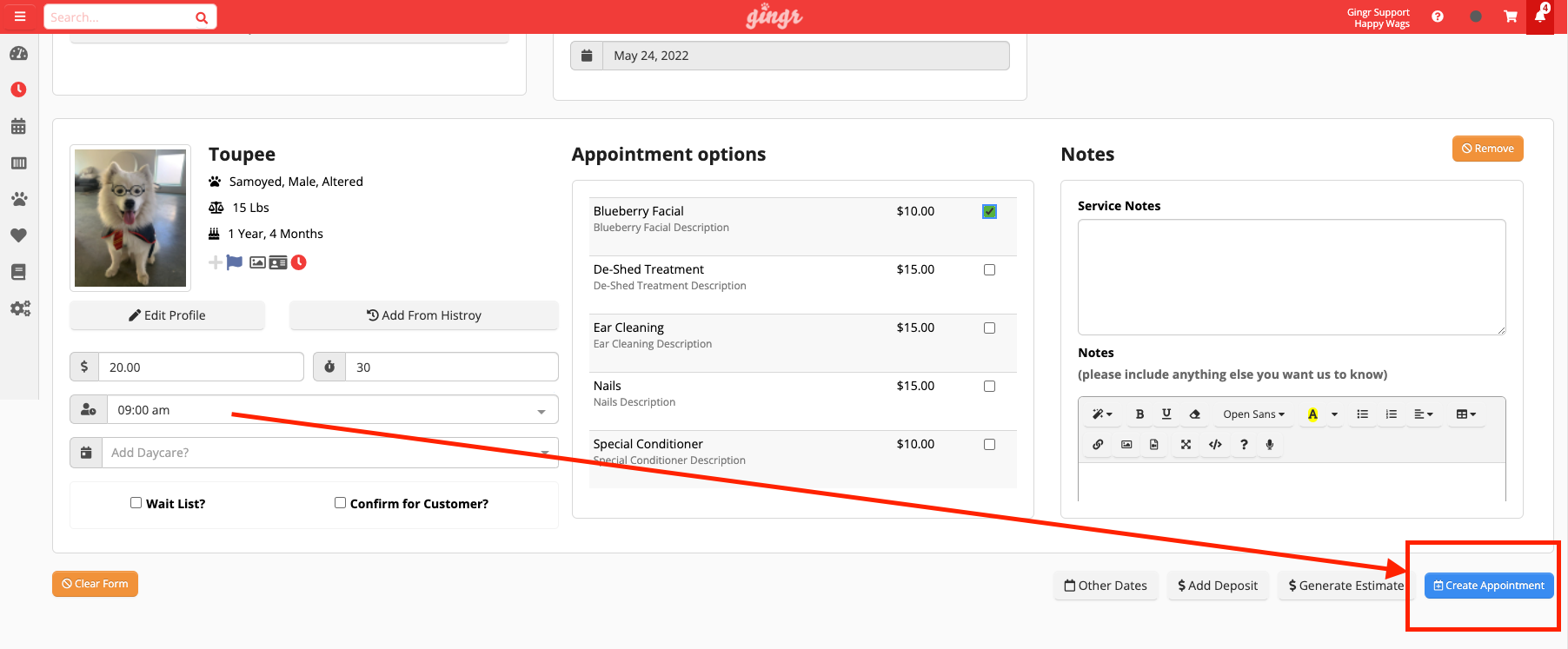 Pet appointment scheduling interface.