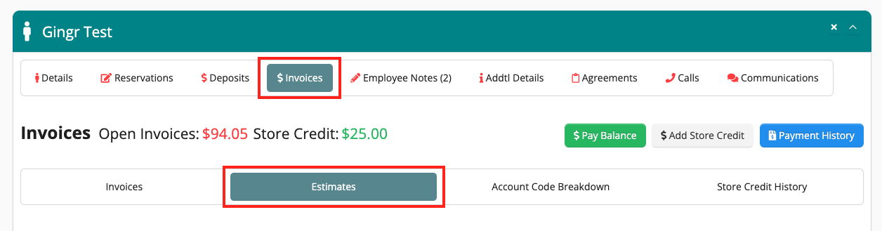 Invoice and estimate dashboard interface.
