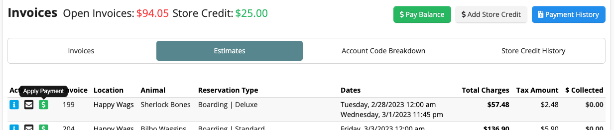 Invoice and payment summary table.