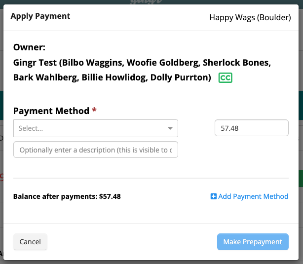 Payment form with pet names listed.