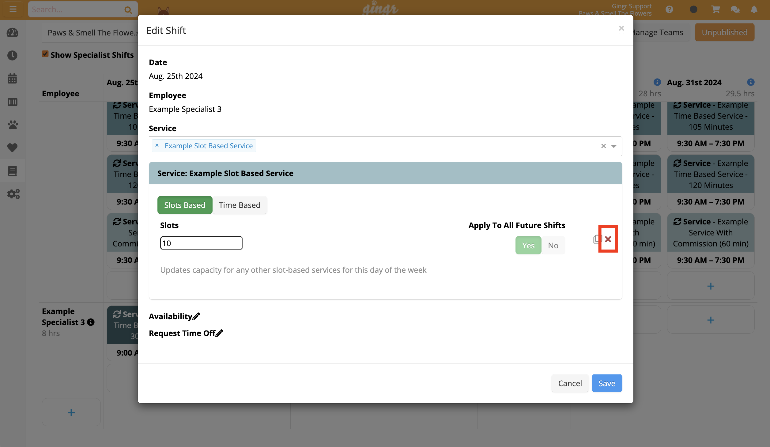 Edit Shift window with service options.