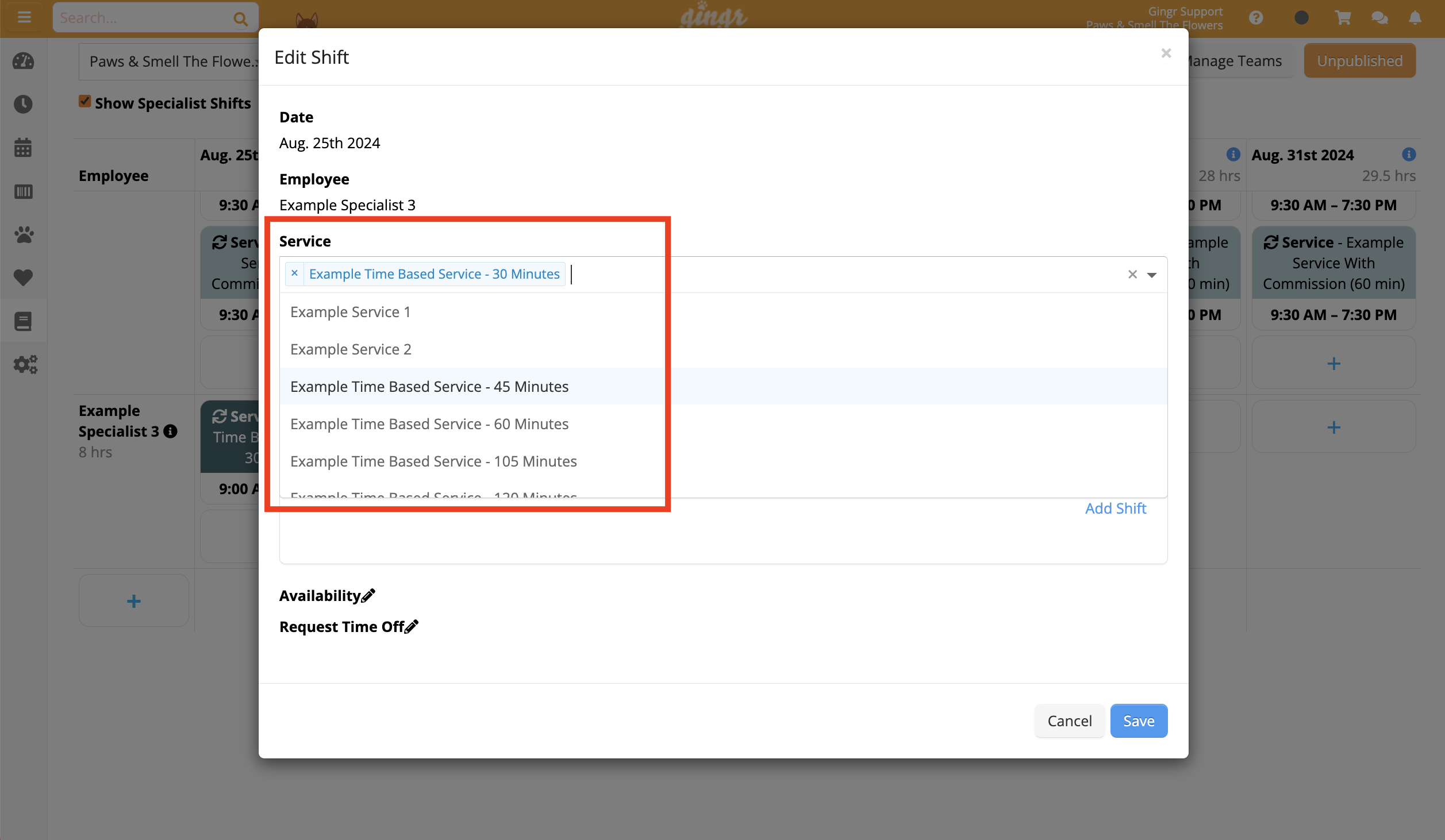 Shift editing window with service options.