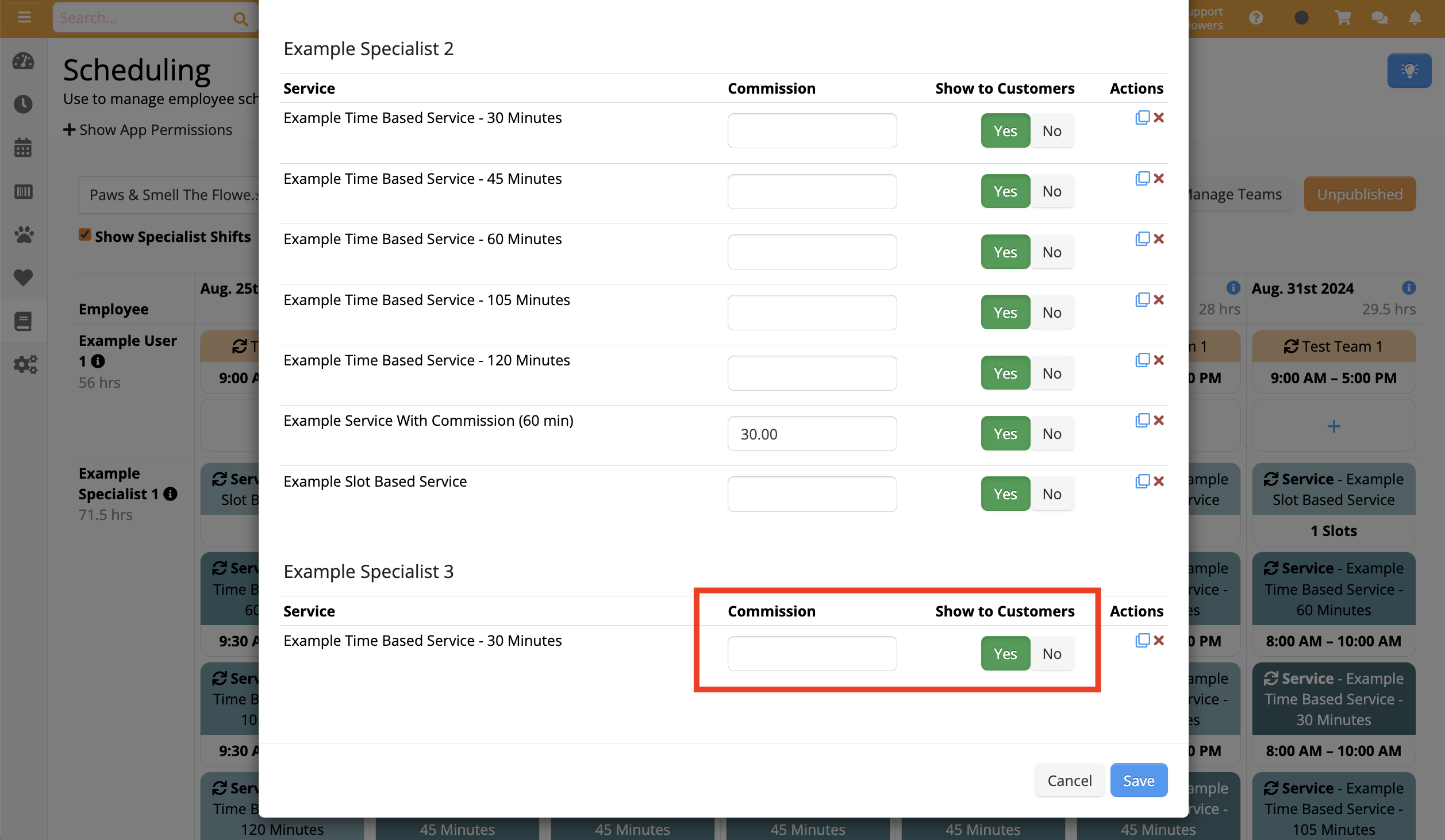 Service scheduling interface with options.