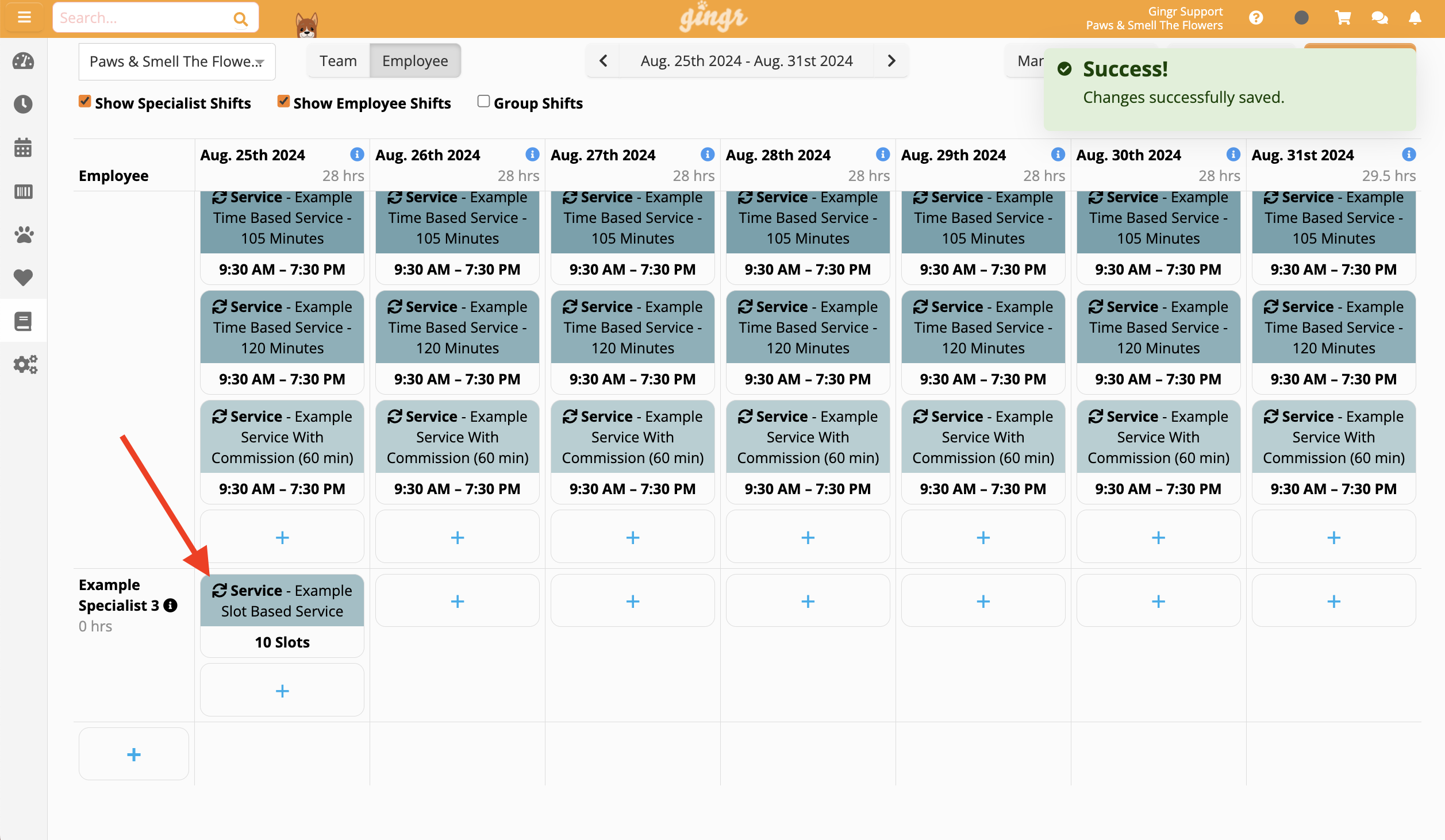 Employee schedule with service details.