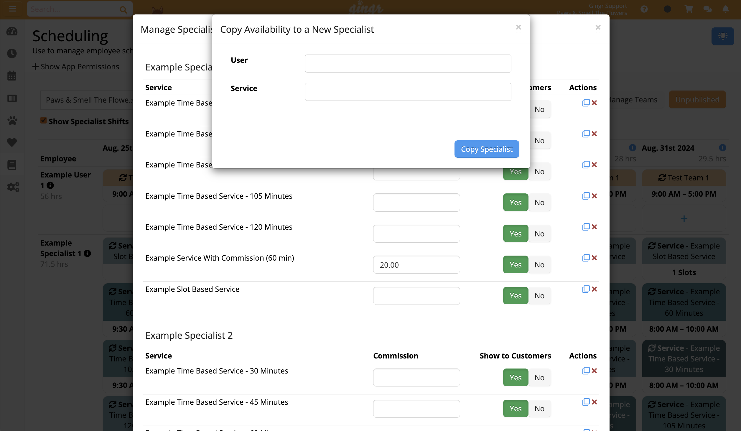 Copy Specialist" form in scheduling app.
