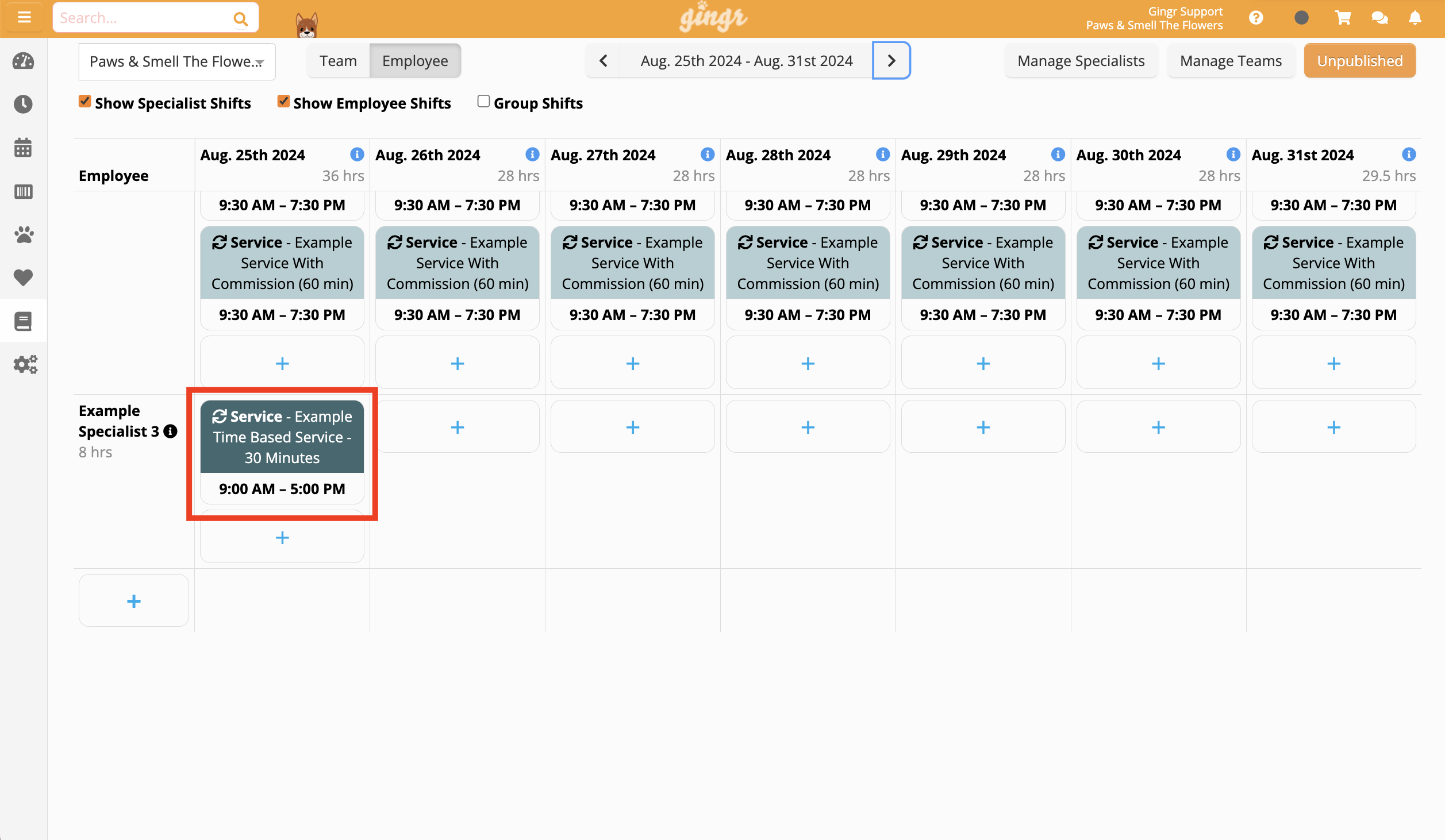 Weekly employee schedule with service details.