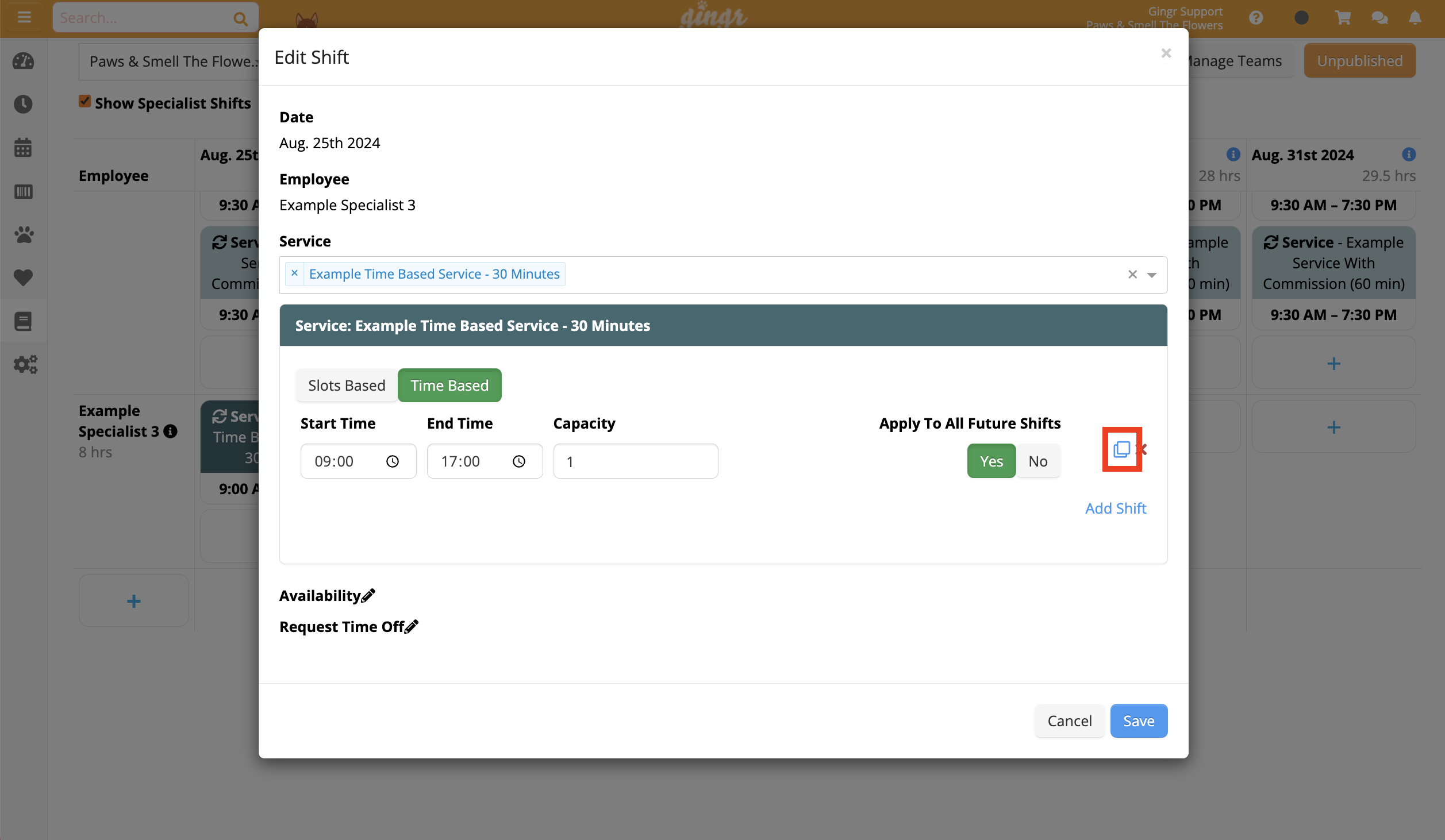 Edit Shift window with time settings.