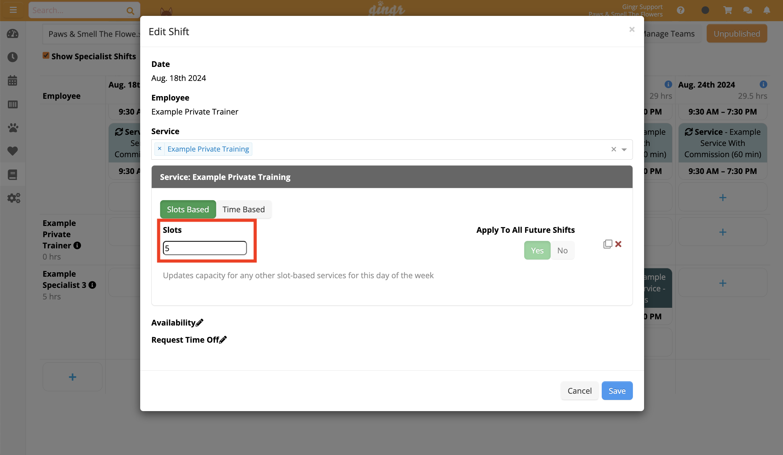 Edit Shift window with slot settings.