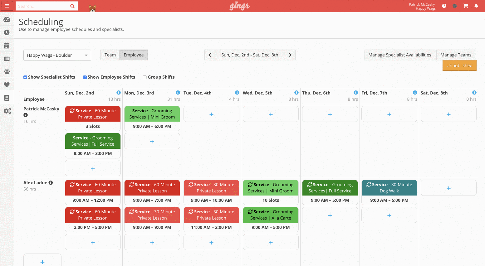 Employee scheduling calendar view