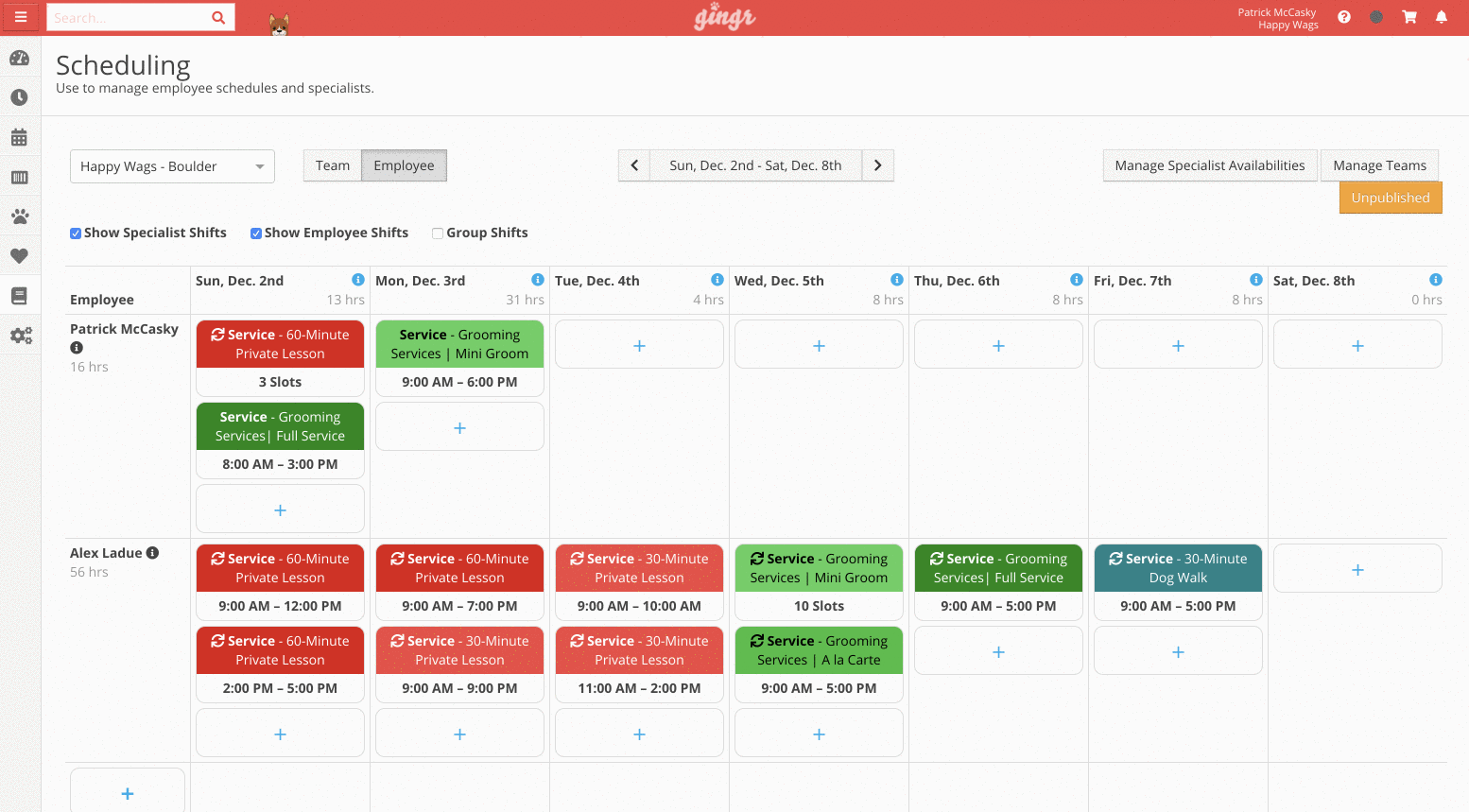 Employee scheduling interface screenshot.