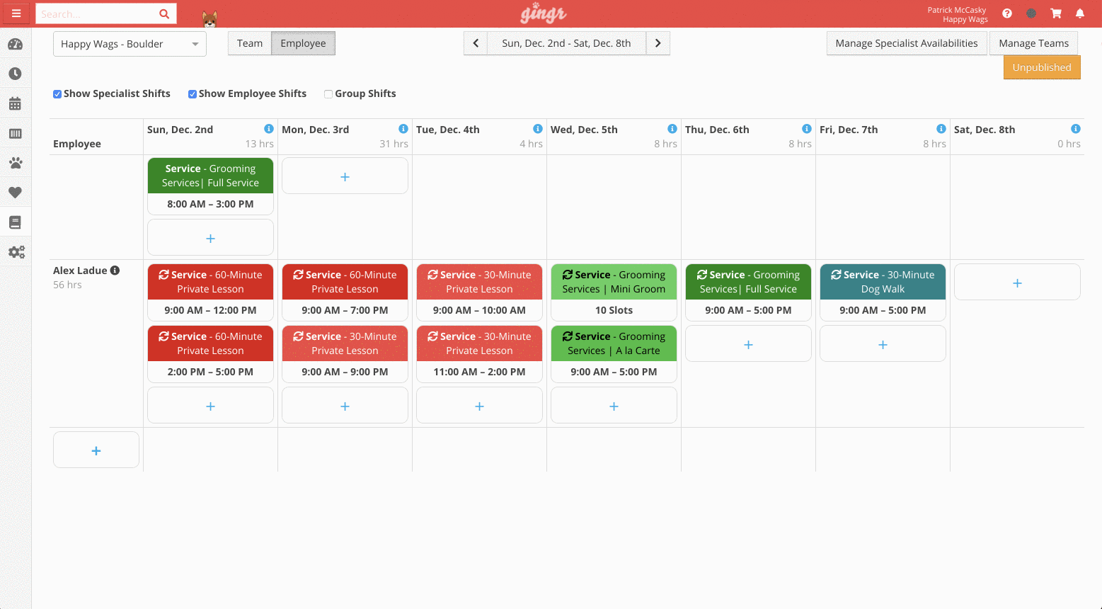 Employee schedule with service shifts.