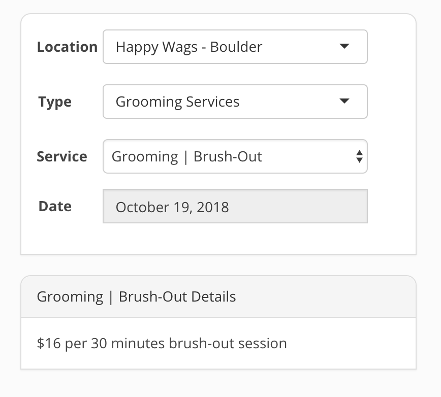 Pet grooming service details form.