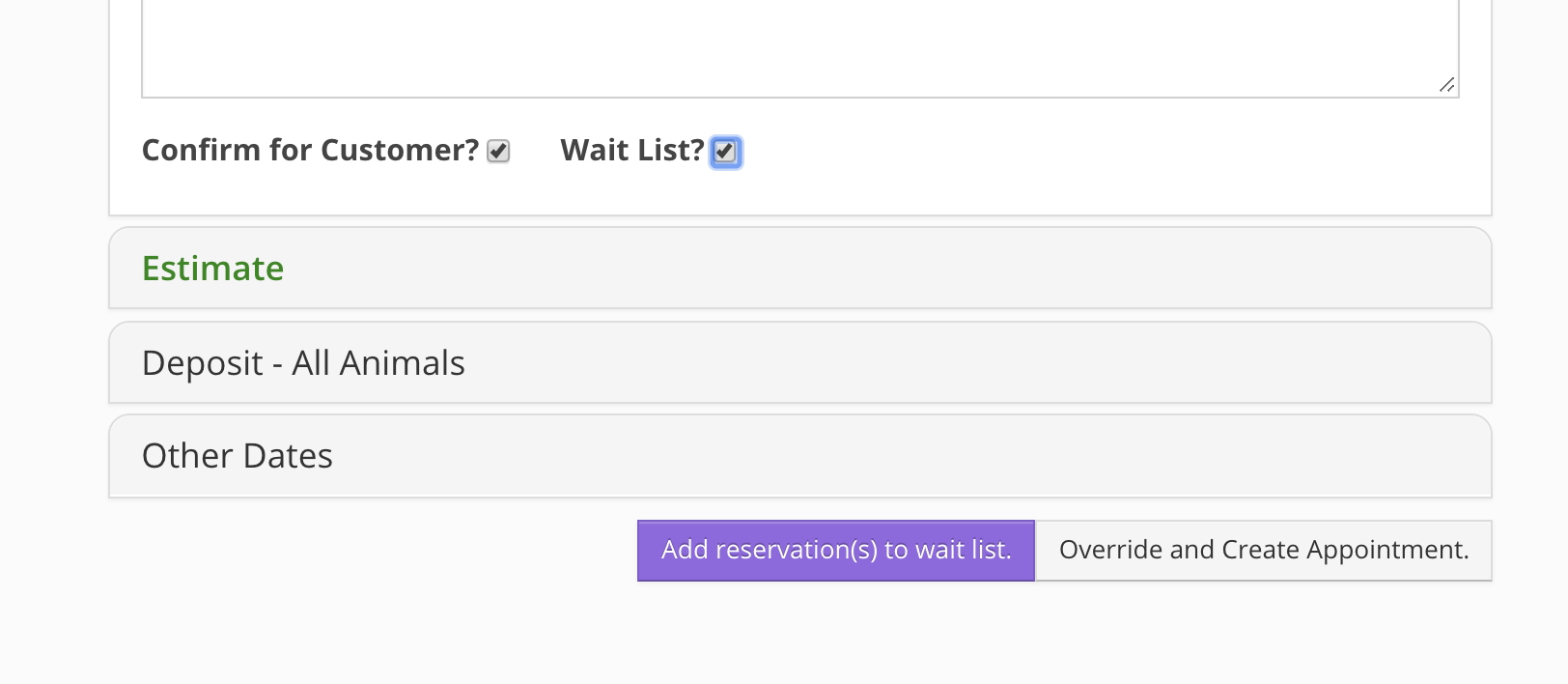 Reservation options and waitlist buttons.