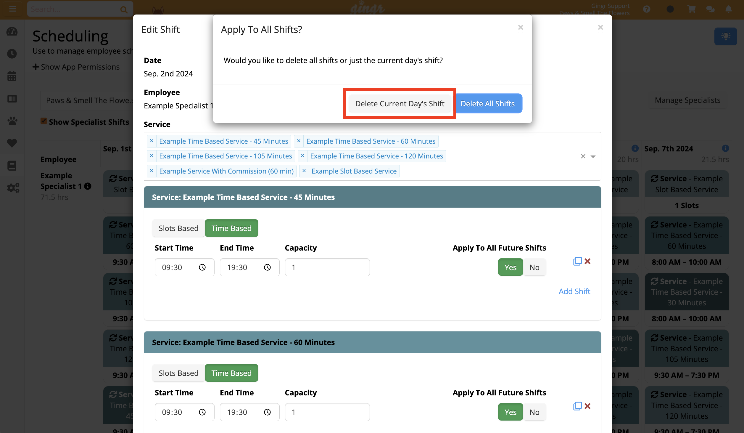 Shift editing interface with delete options.