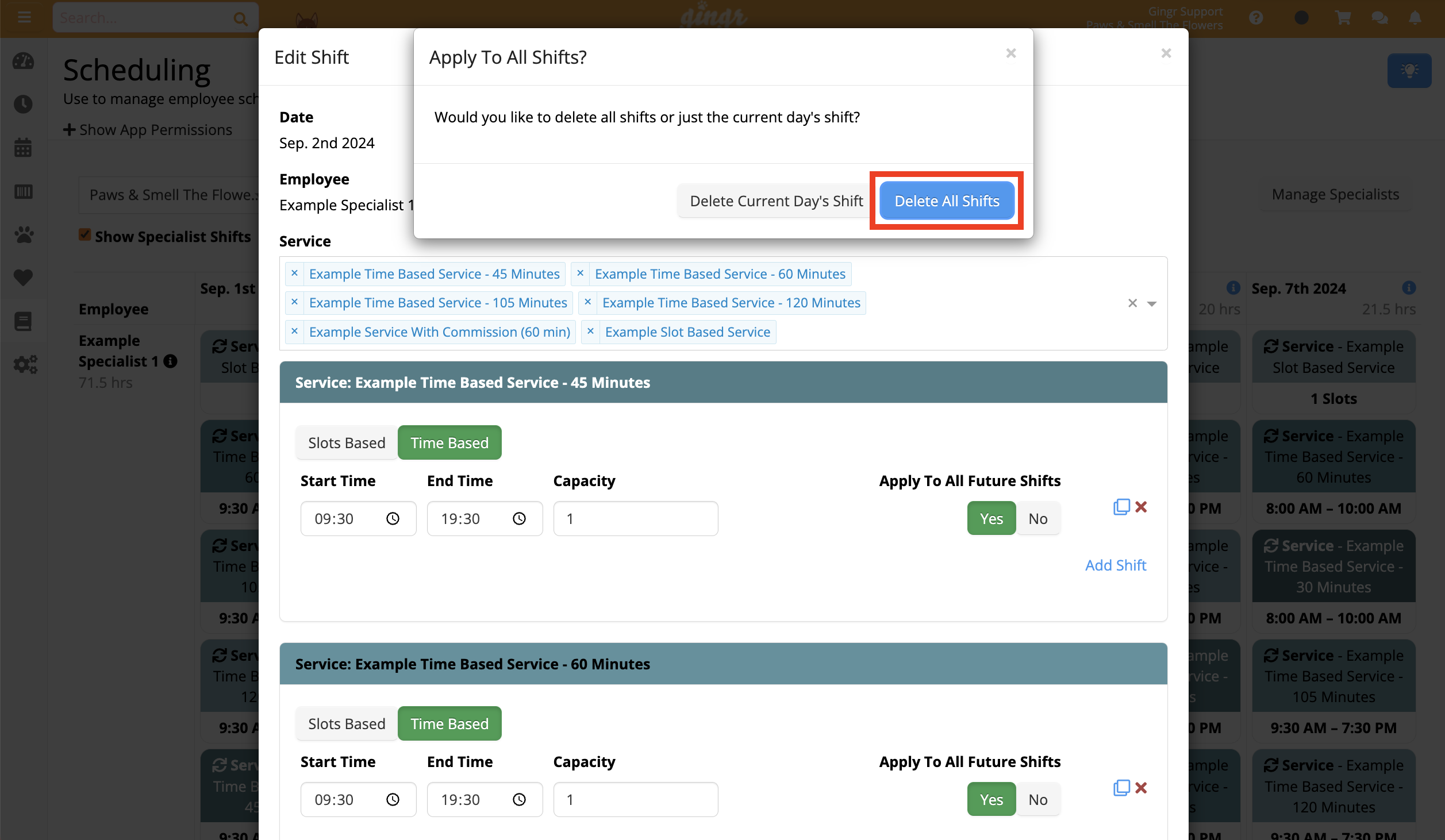 Shift scheduling interface with delete option.