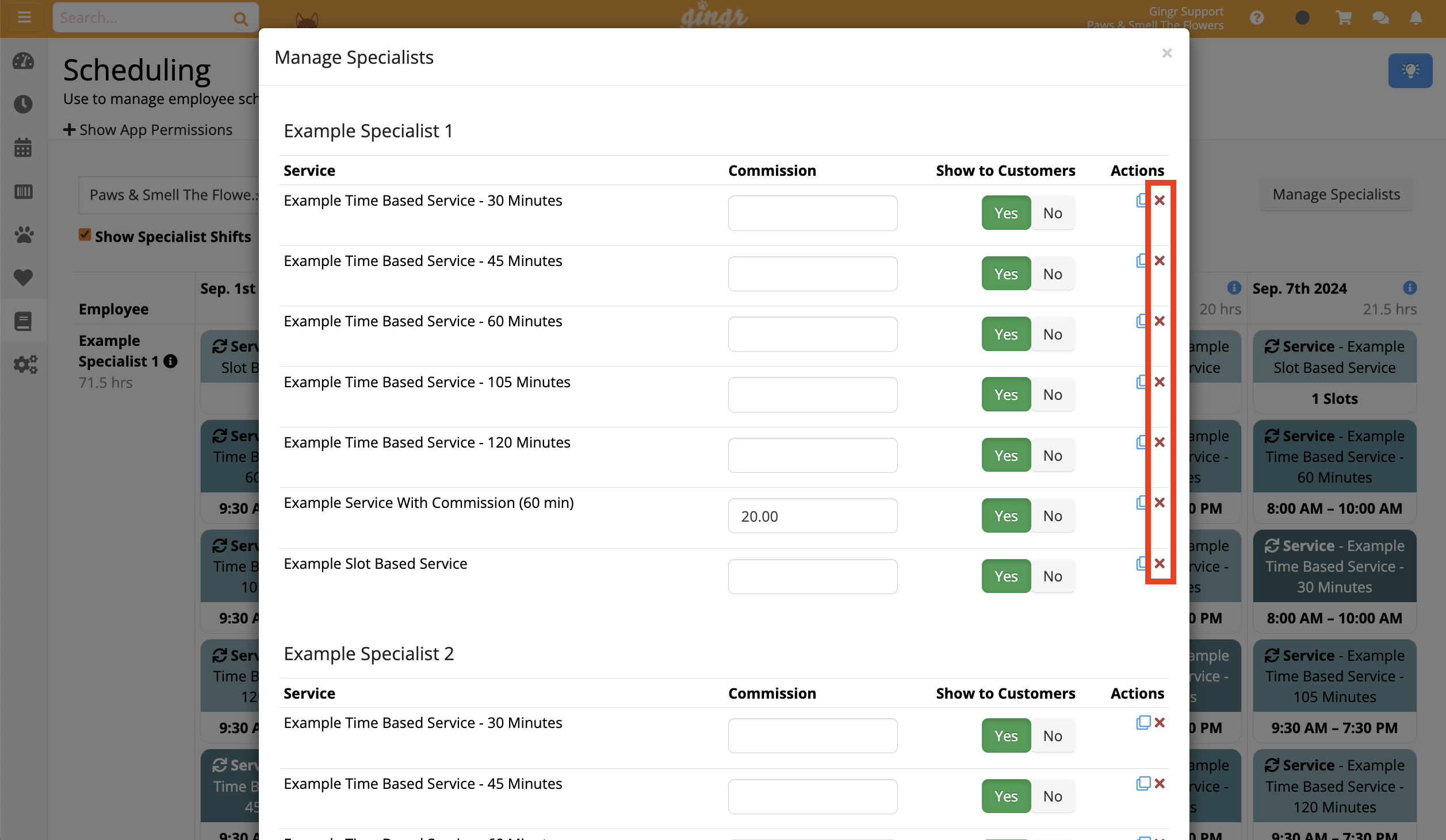 Manage Specialists service list interface