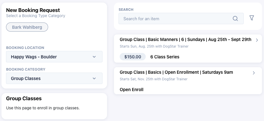 Booking request form for group classes.