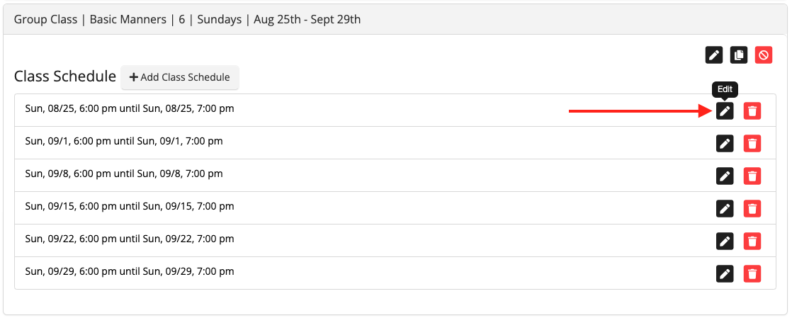 Class schedule list with edit buttons
