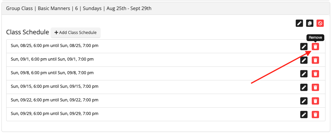 Class schedule with edit and delete options.