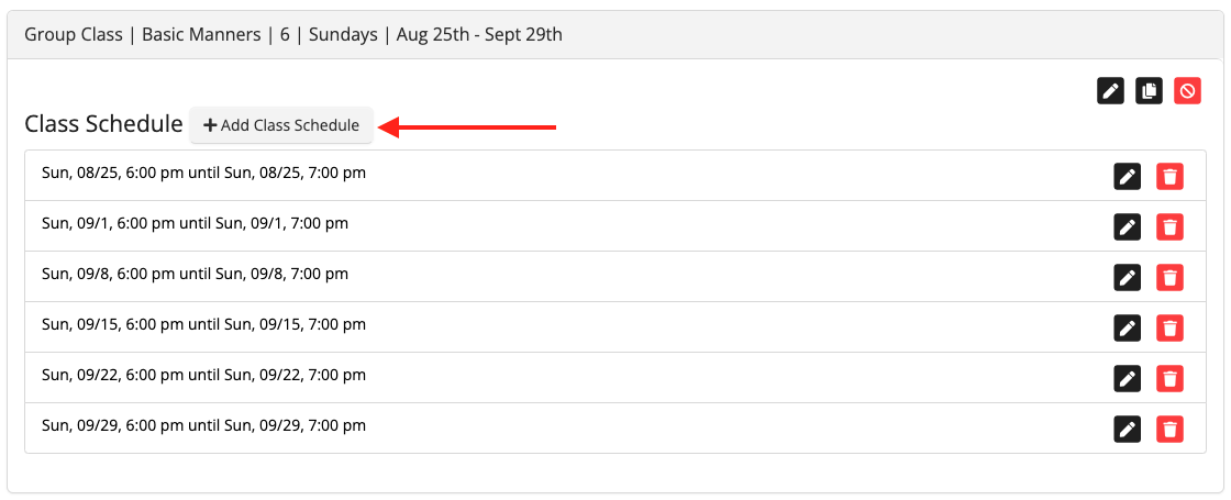 Class schedule list with edit options