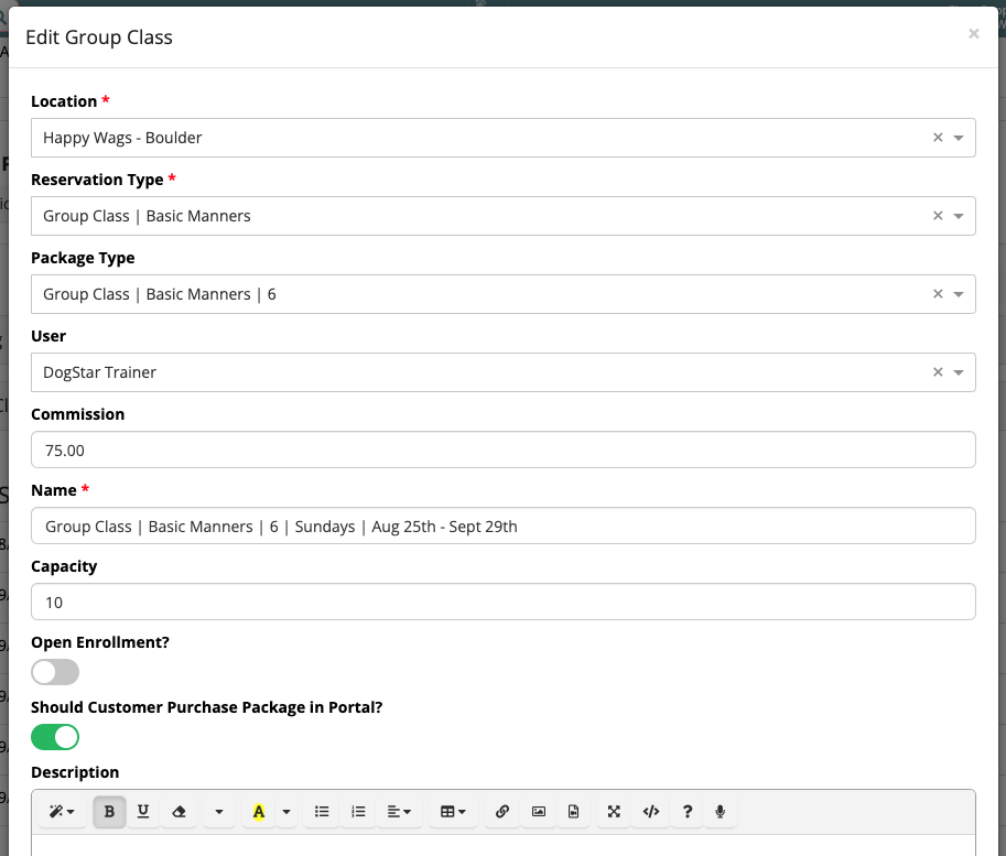 Edit Group Class form interface