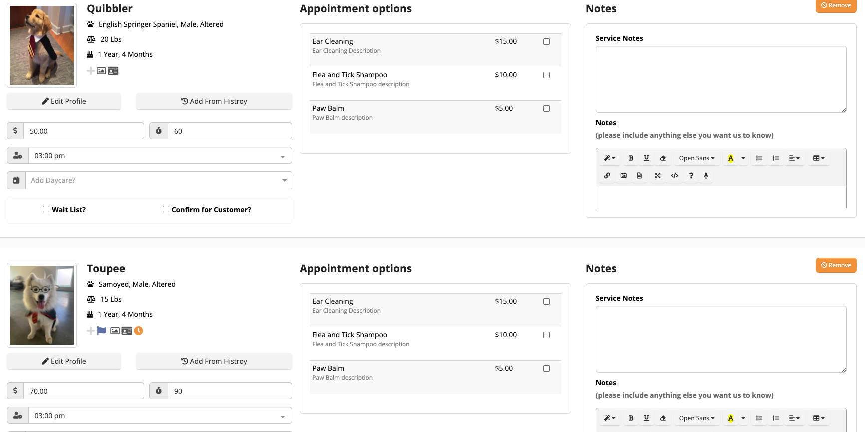 Pet grooming appointment details.