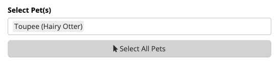 Select pet interface with 'Select All Pets' button