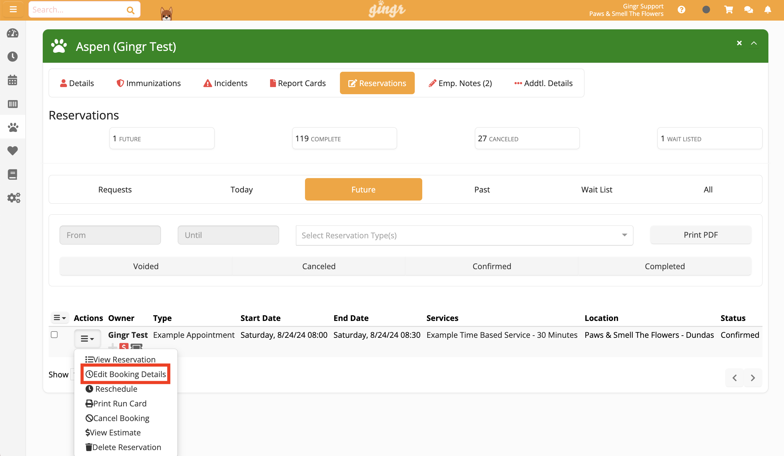 Reservation management interface screenshot.