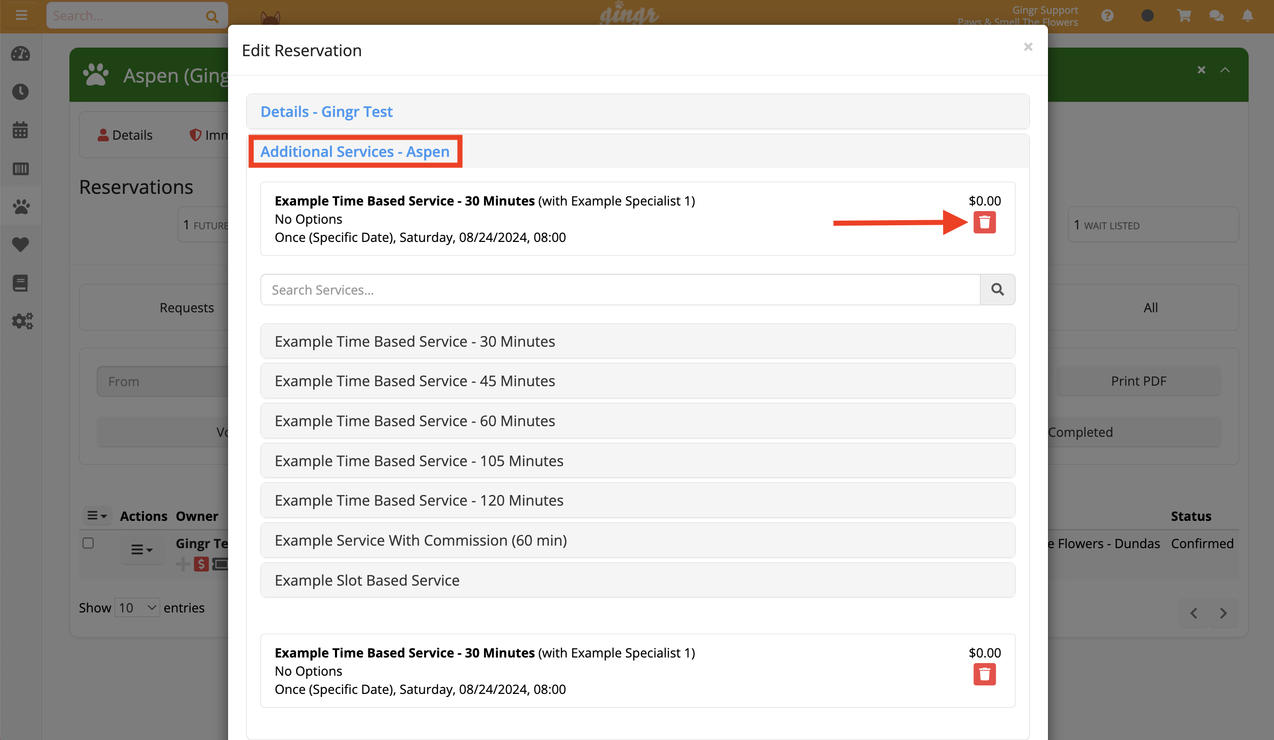 Edit reservation services list.