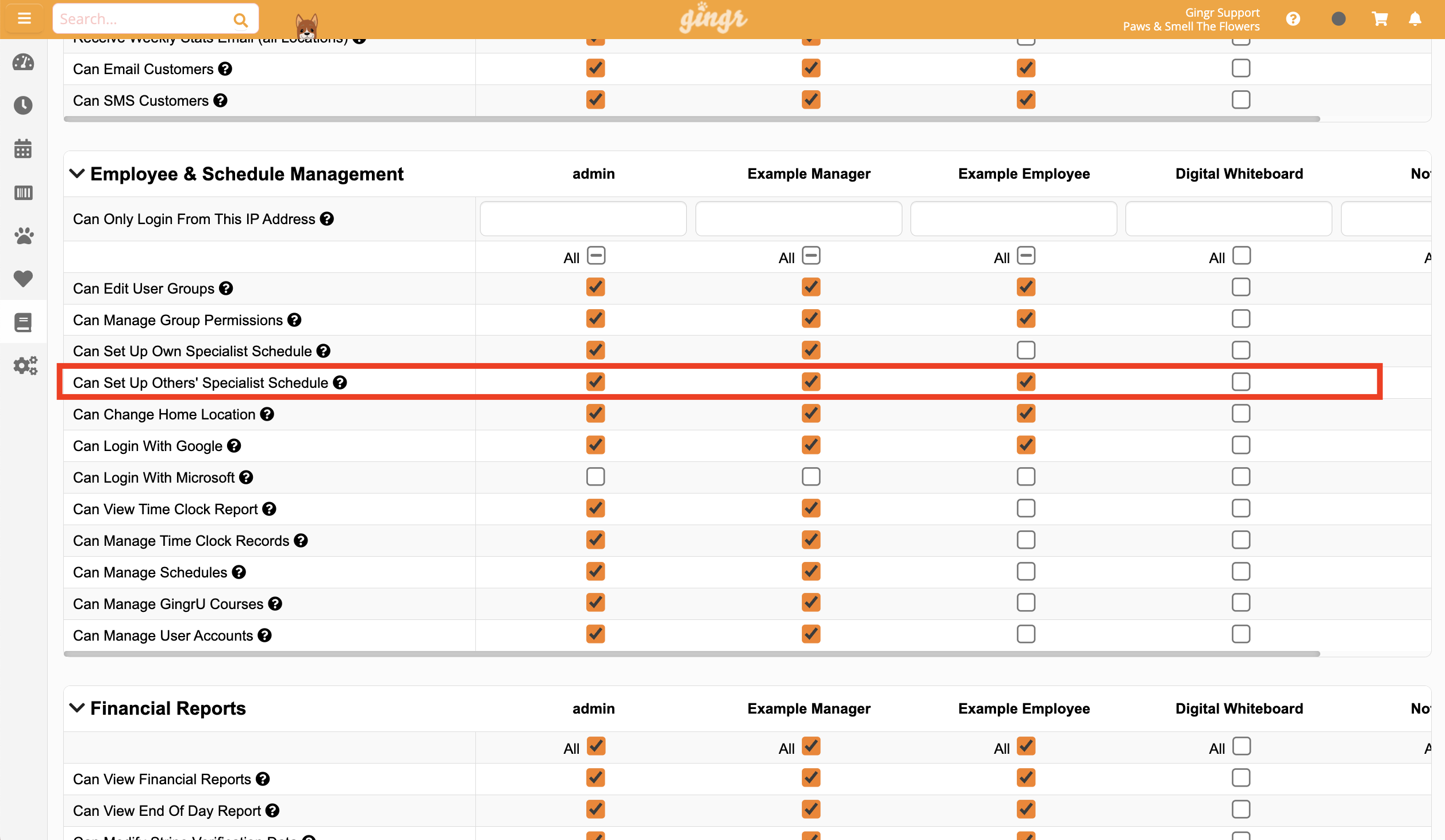 Permission settings table with checkboxes