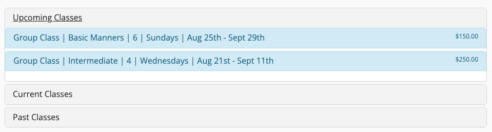 Upcoming group classes schedule