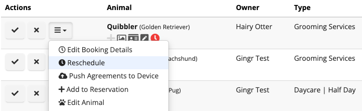 Dropdown menu for animal booking actions.