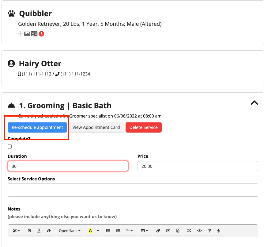 Pet grooming appointment details screen.