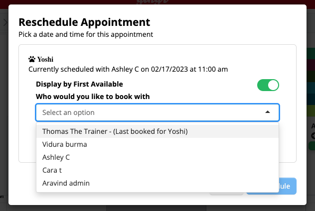 Appointment rescheduling dropdown menu