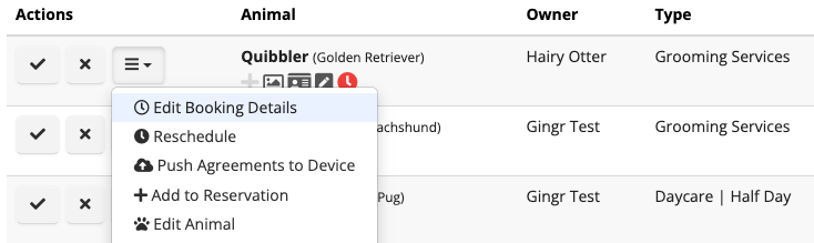 Dropdown menu for booking details.