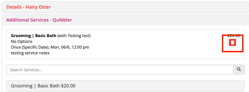 Service details with delete icon highlighted.