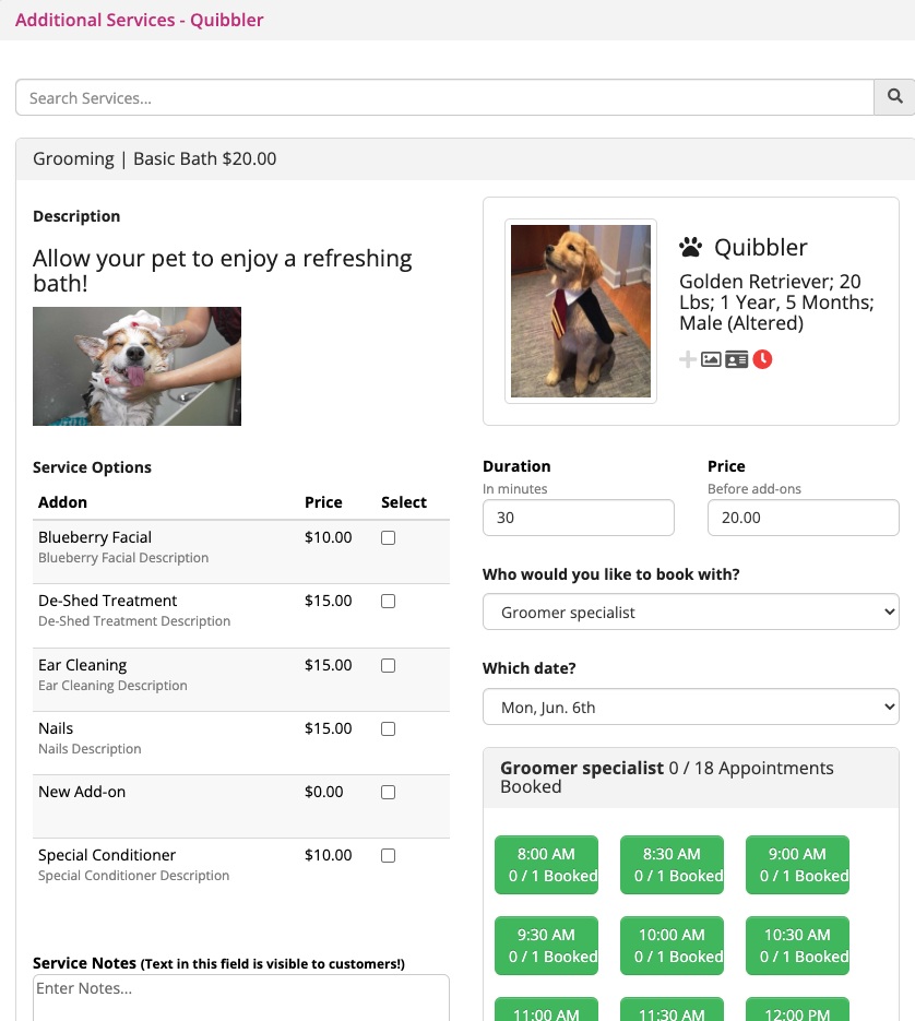 Pet grooming service options and booking details