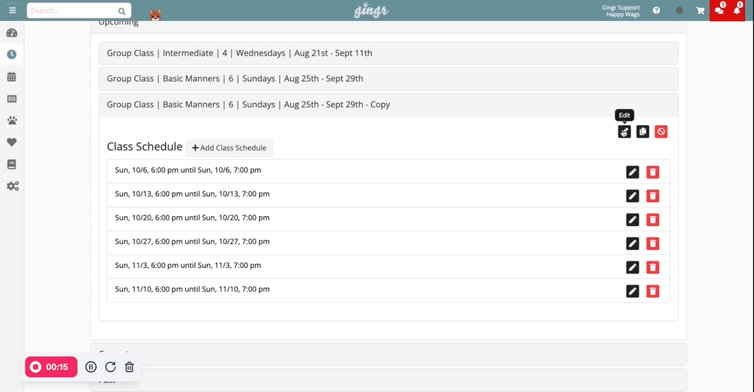 Class schedule list with dates and times.