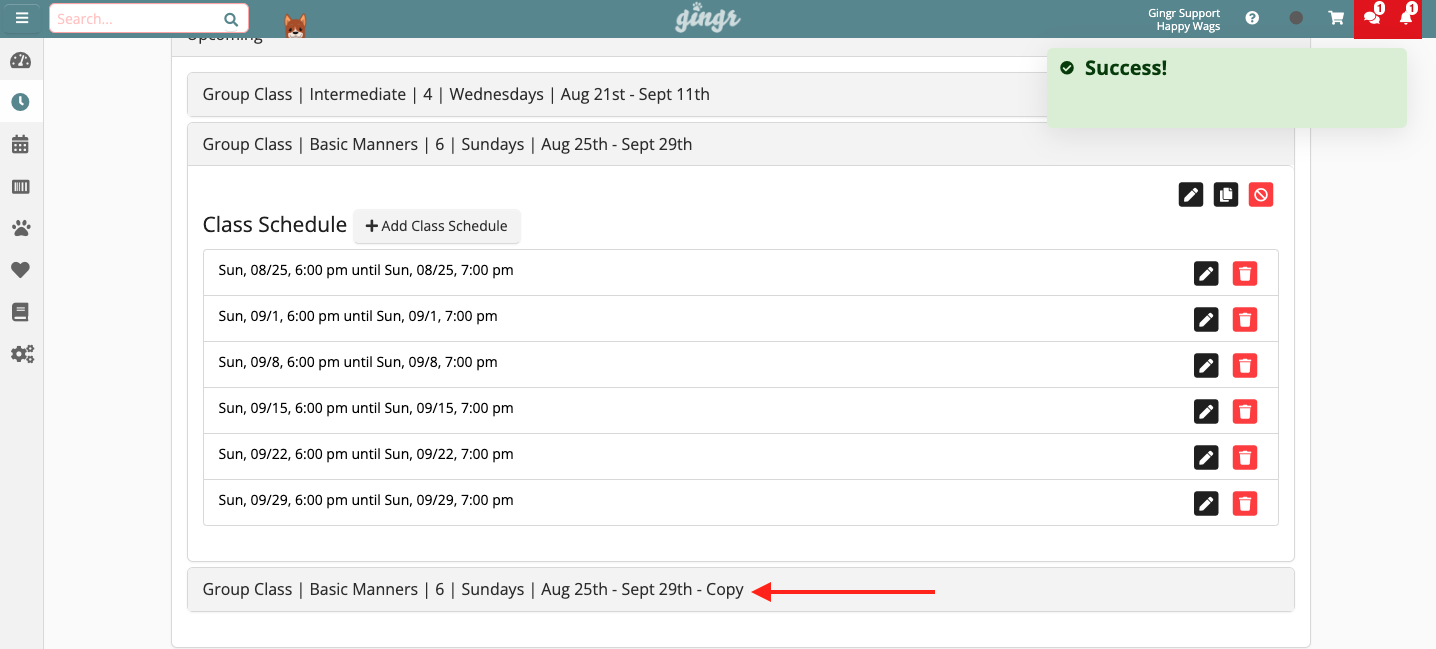 Class schedule with edit options.