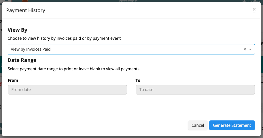 Payment history filter options window.