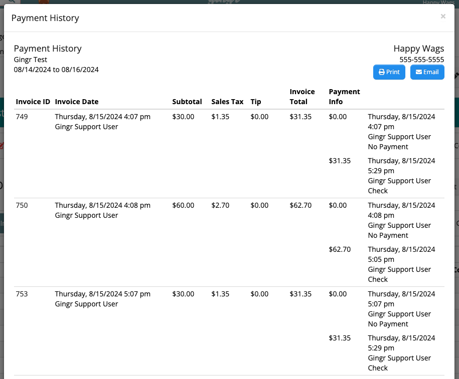 Payment history table with invoice details.