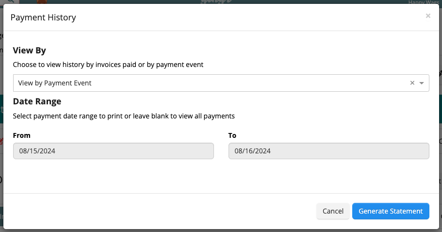 Payment history date range selection form.